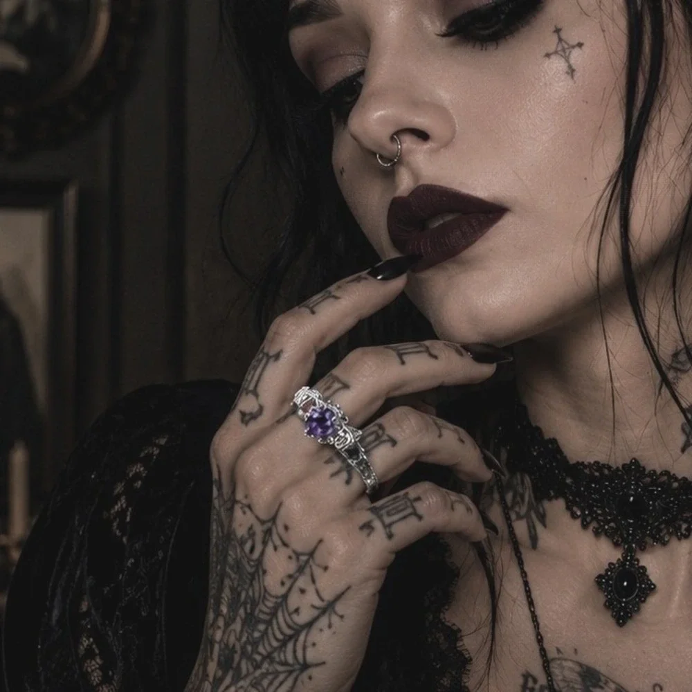 Y2K Gothic Skull Winged‎ Gemstone Ring Silver Tone Womens Statement Jewelry NEW